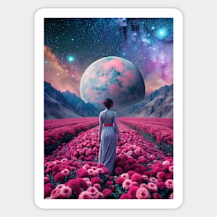 Woman in a field of pink flowers - surrealism art Sticker